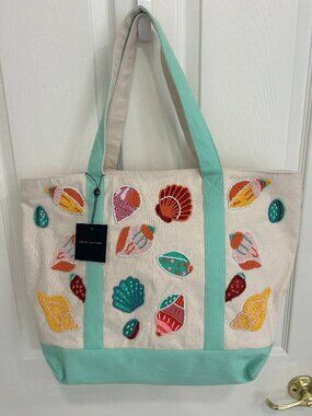 America and Beyond Beaded Seashell Canvas Large Tote Shells Handbag NWT